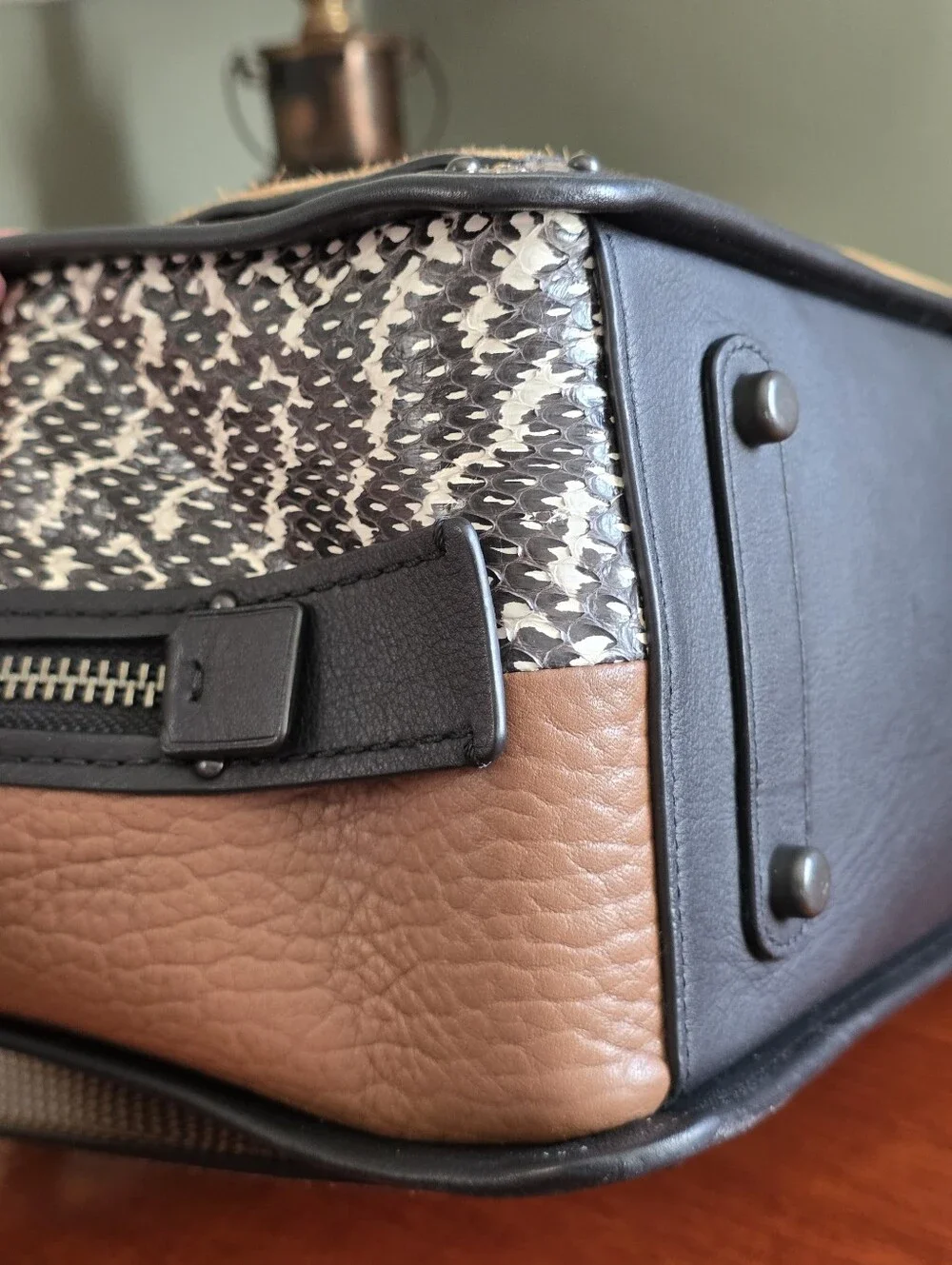 Coach Dreamer 36 37130 Colorblock Tan Suede Leather Snakeskin Satchel Bag
